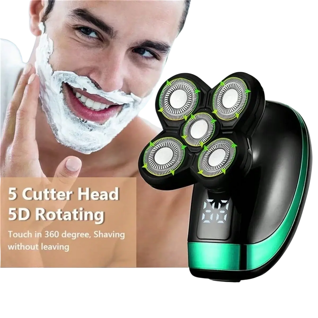Black and green men’s 5-head electric shaver with five rotating cutter heads for grooming and precise shaving