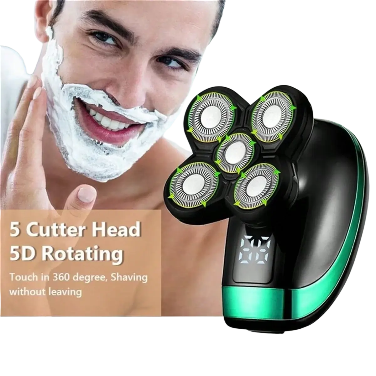 Black and green men’s 5-head electric shaver with five rotating cutter heads for grooming and precise shaving