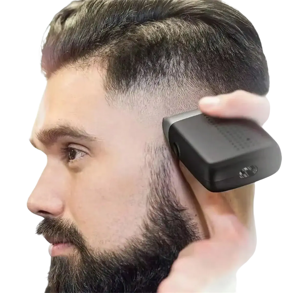 Black rectangular electric hair clipper from men’s 5-head electric shaver grooming kit trimming a mans sideburns