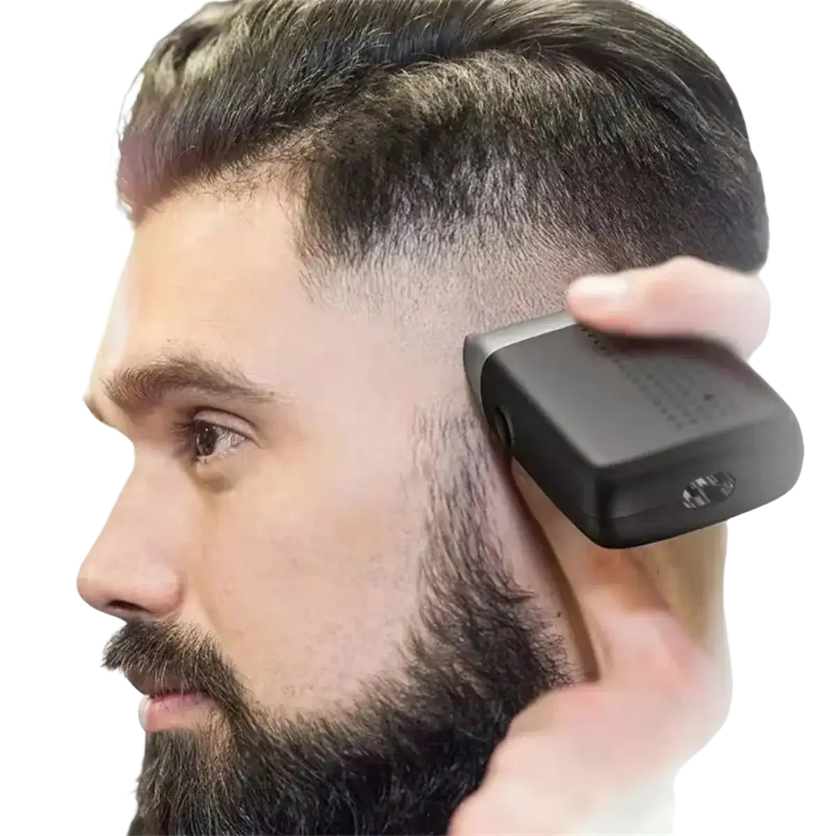 Black rectangular electric hair clipper from men’s 5-head electric shaver grooming kit trimming a mans sideburns