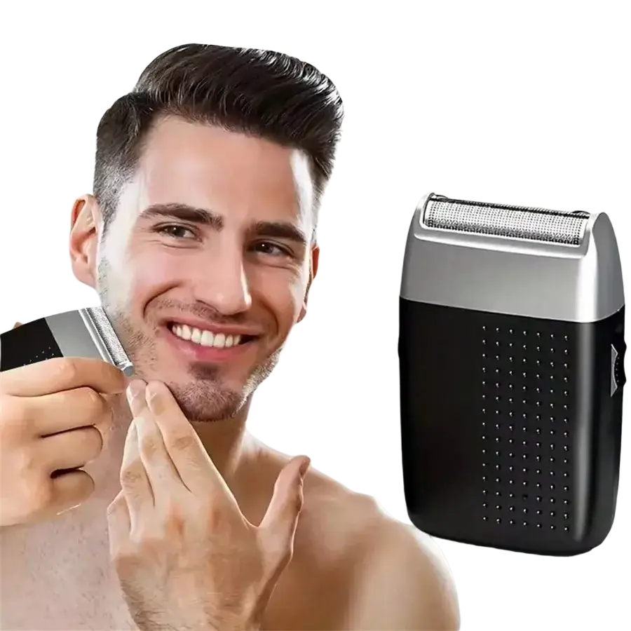 Mens 5-head electric shaver grooming kit with black and silver textured grip and metallic cutting head