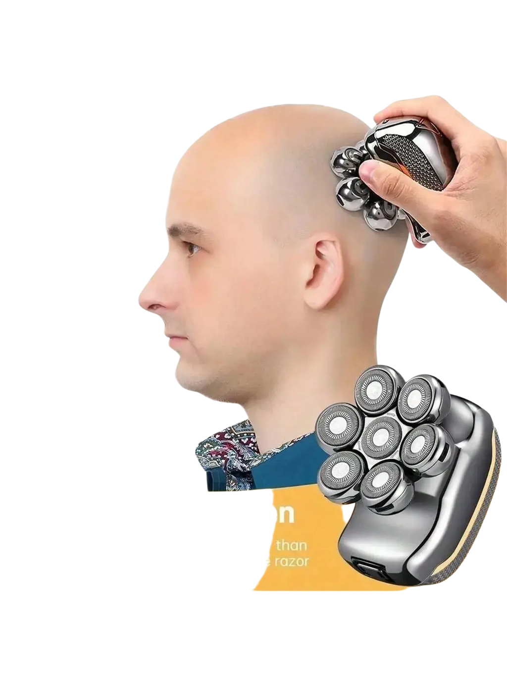 Men’s 5-head electric shaver grooming kit featuring a silver and black electric head shaver with multiple rotating blades