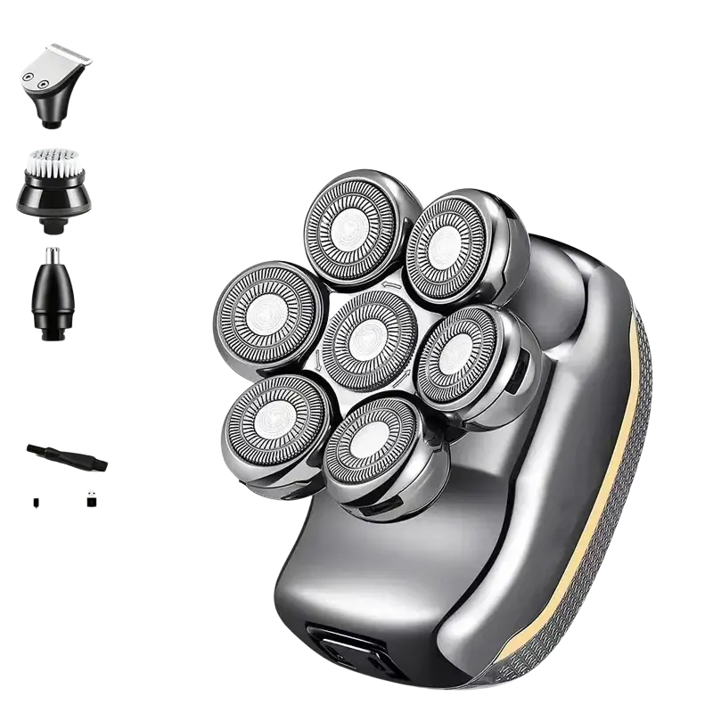 Men’s 5-head electric shaver grooming kit with silver and black five-head shaver featuring a textured grip