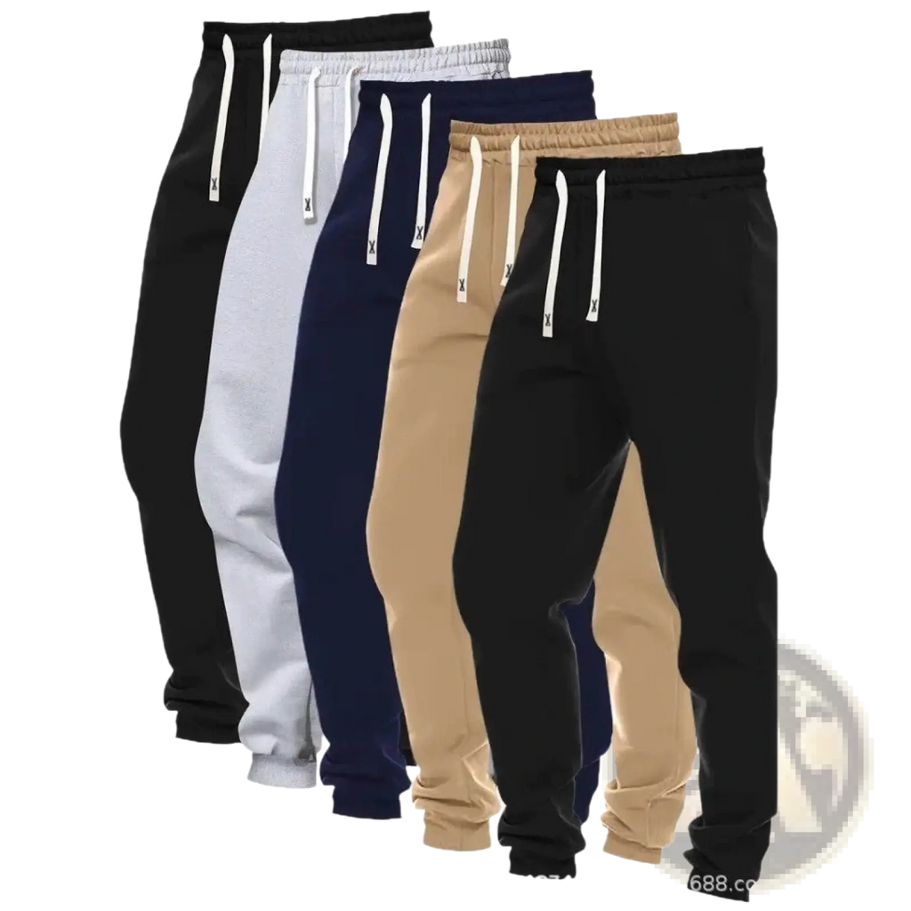 Men’s 5-pack solid jogger pants in black white navy blue beige and dark gray with matching drawstrings for casual wear