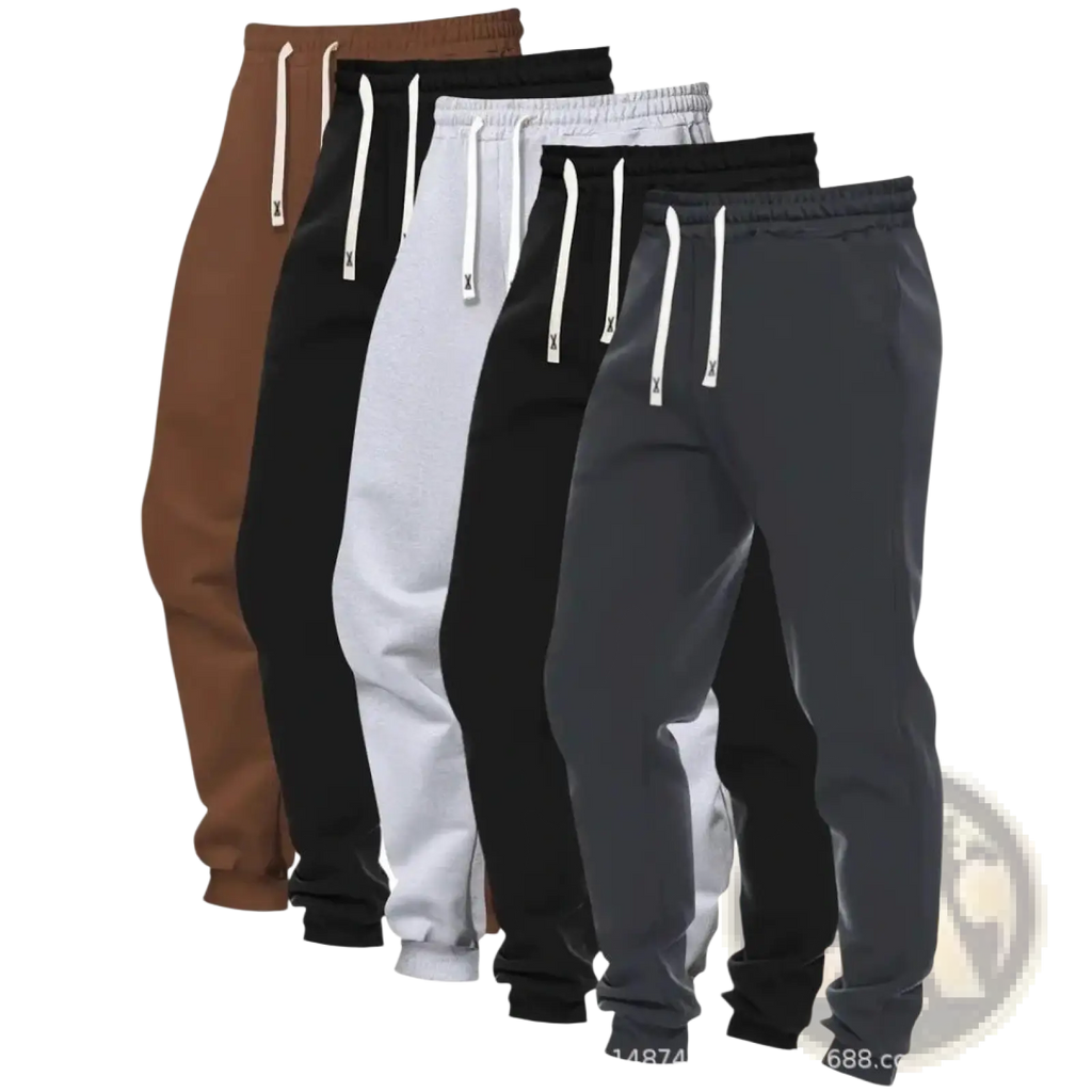 Men’s 5-pack solid jogger pants in brown black white gray and dark gray with matching drawstrings and small x logo