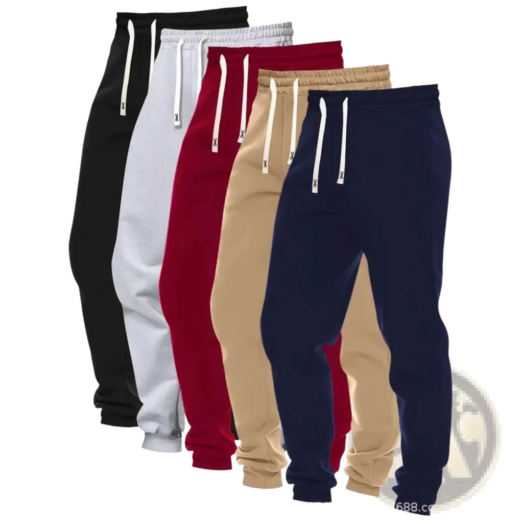 Men’s 5-pack solid jogger pants in black white red beige and navy blue with matching drawstrings for casual wear