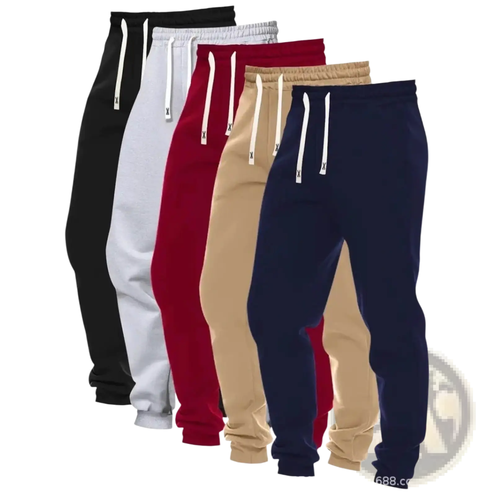 Men’s 5-pack solid jogger pants in black white red beige and navy blue with matching drawstrings for casual wear