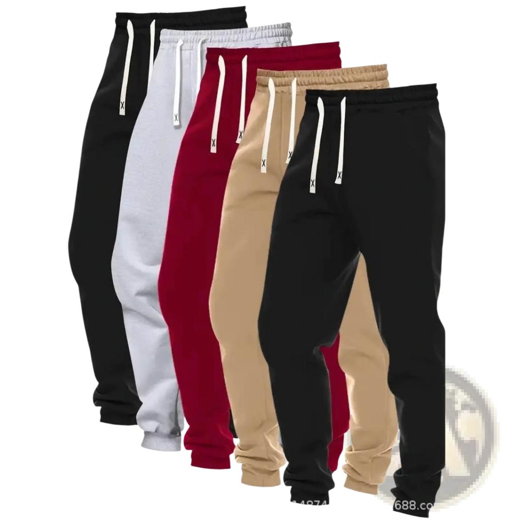 Men’s 5-pack solid jogger pants in black white red beige with drawstring waistband and contrasting white cords