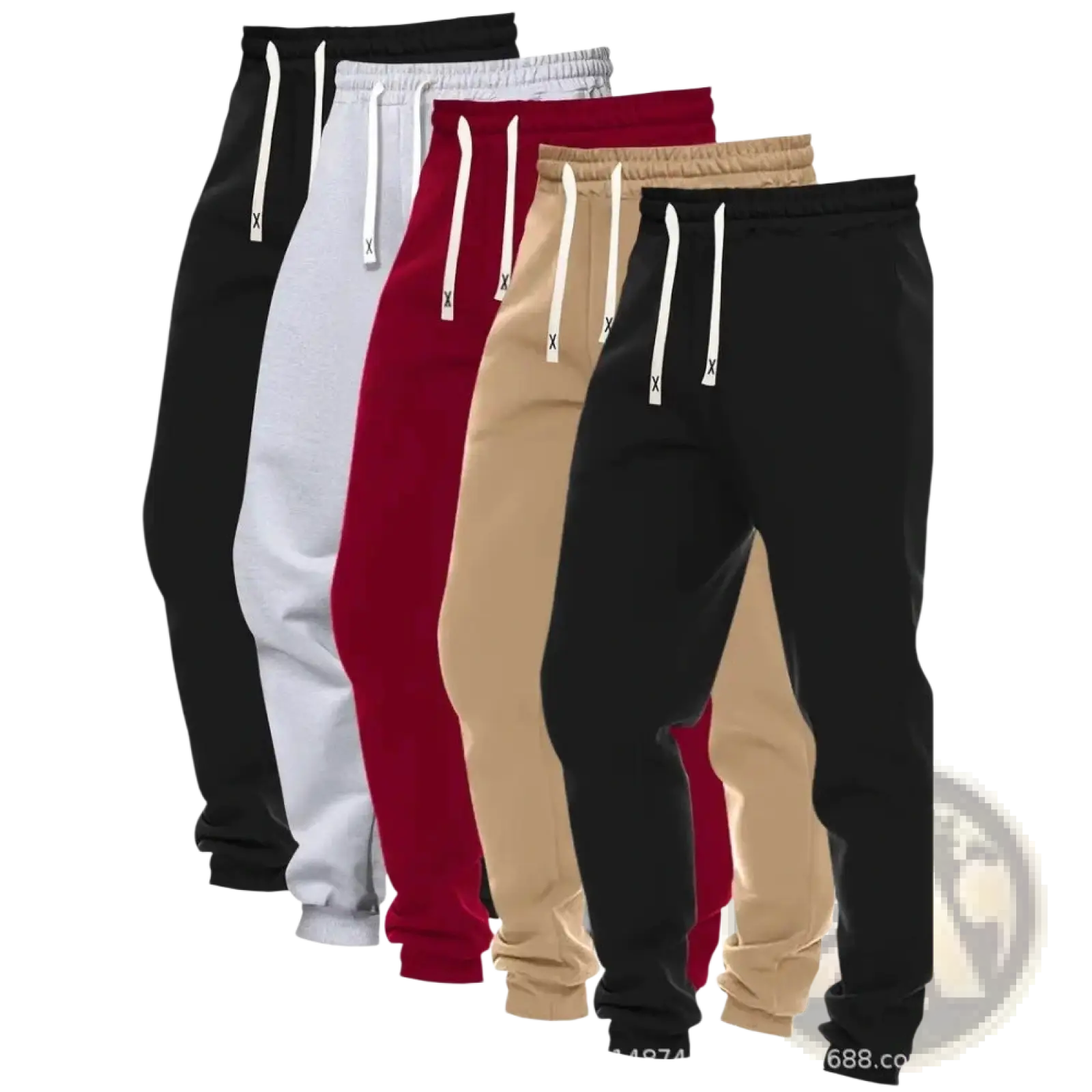 Men’s 5-pack solid jogger pants in black white red beige with drawstring waistband and contrasting white cords