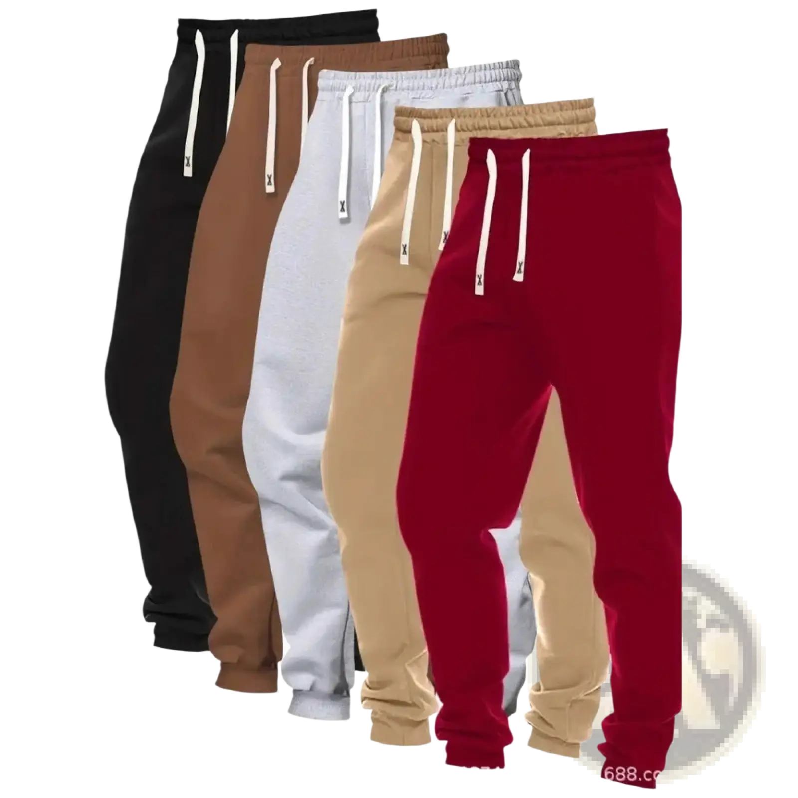 Men’s 5-pack solid jogger pants in black brown white beige and red with drawstring waistband and contrasting white cords