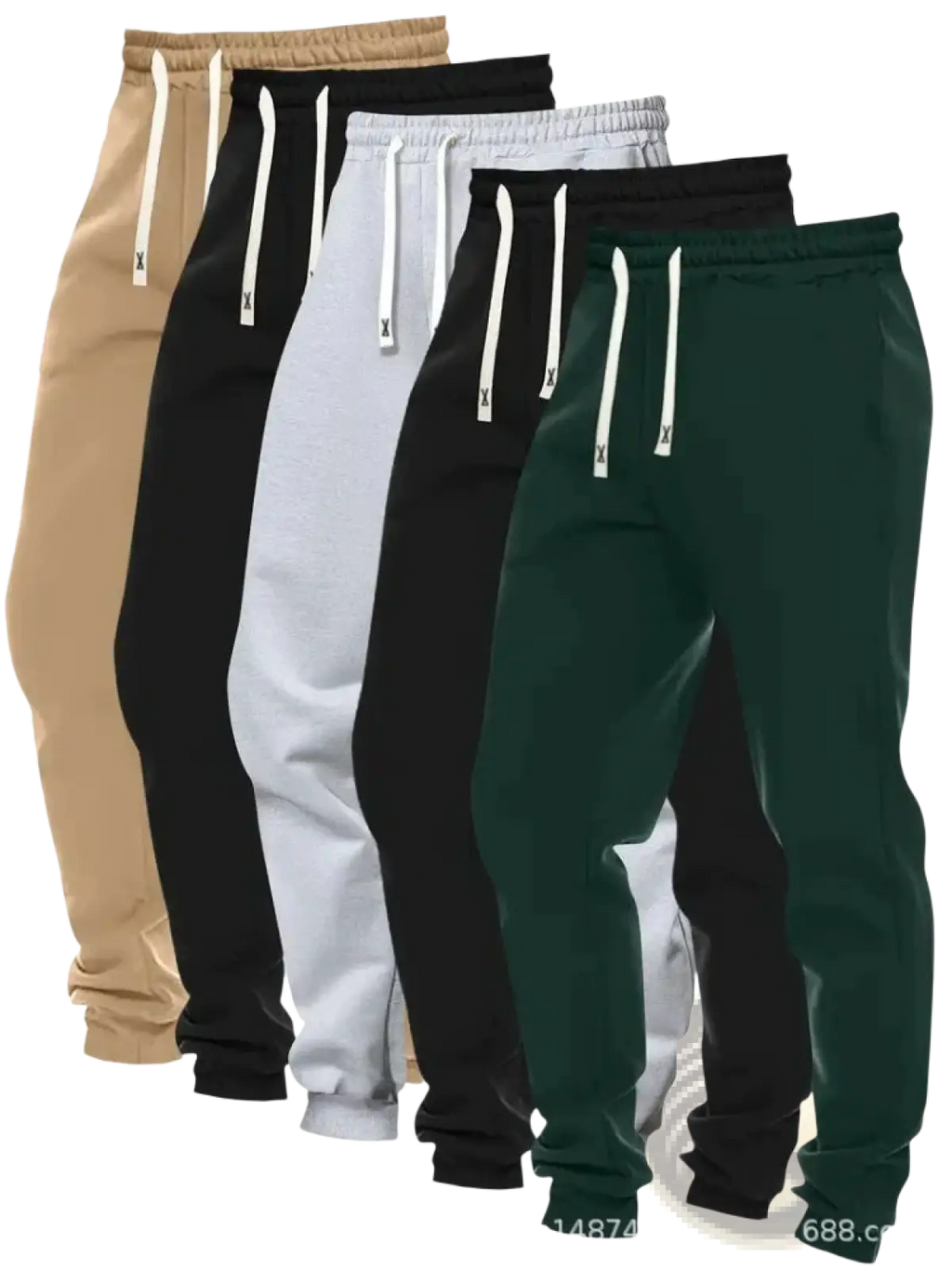 Men’s 5-pack solid jogger pants in beige black white gray and green with matching drawstrings and small x logo