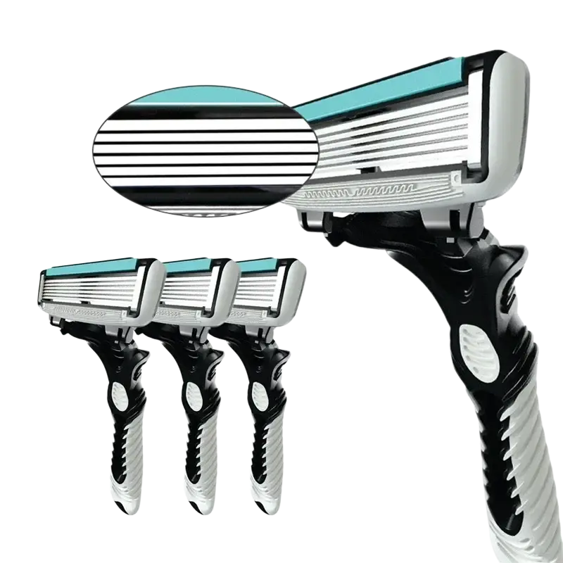 Black and silver men’s 6-layer razor with teal blade guard available in 1pc 3pcs 5pcs packs