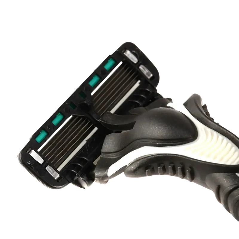 Black and white ergonomic men’s 6-layer razor handle with teal accents and multi-blade head available in 1pc 3pcs 5pcs