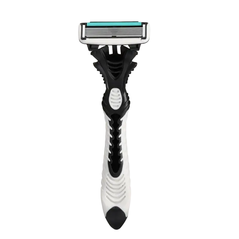 Black and white plastic men’s 6-layer razor with teal blade guard available in 1pc 3pcs and 5pcs options