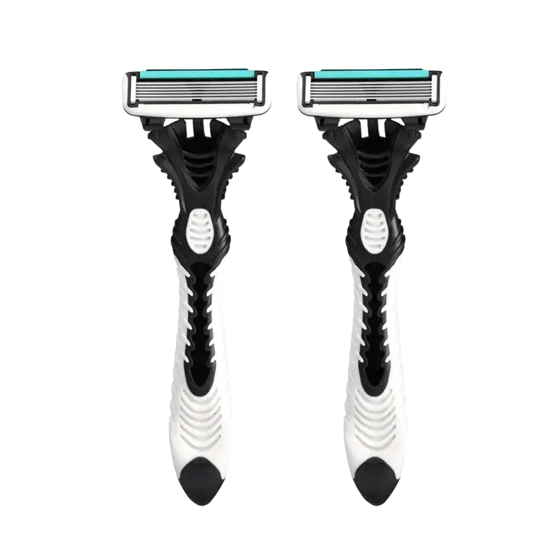 Men’s 6-layer razor with black and white plastic handles and teal blades available in 1pc 3pcs 5pcs sets