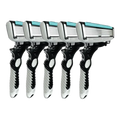 Five black and silver men’s 6-layer disposable razors with teal blade guards available in 1pc 3pcs 5pcs packs