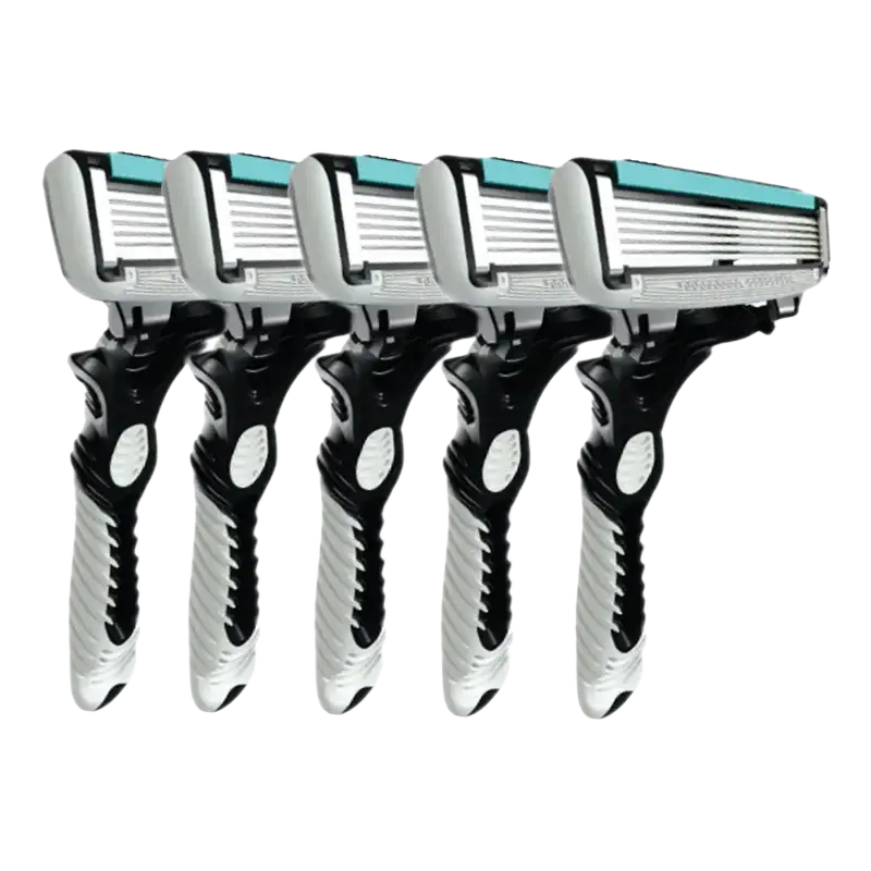 Five black and silver men’s 6-layer disposable razors with teal blade guards available in 1pc 3pcs 5pcs packs