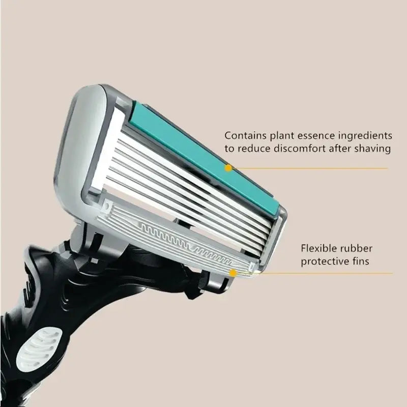 Men’s 6-layer razor 1pc 3pcs 5pcs with silver and black handle and teal rubber blade guard with flexible protective fins