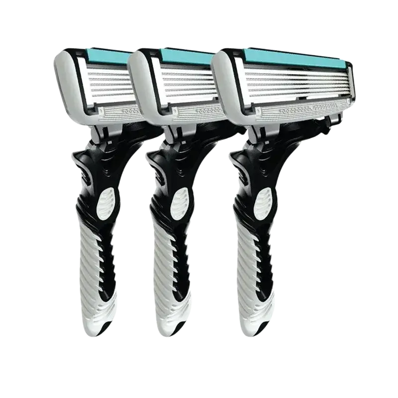Three black and silver safety razors with teal accents for men’s 6-layer razor available in 1pc 3pcs 5pcs sets
