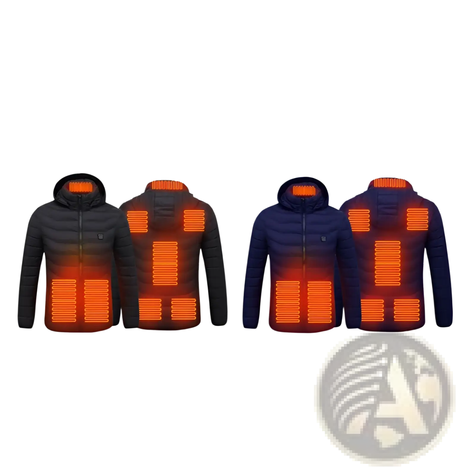Men’s 8-zone intelligent lightweight heated hooded jackets in black and navy blue with glowing orange heating panels visible