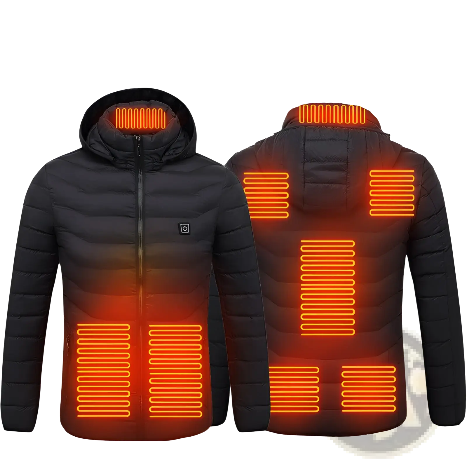 Men’s black lightweight heated hooded jacket with glowing orange heating panels on shoulders chest and lower torso