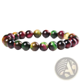 Men’s 8mm natural tiger eye and gemstone bead bracelet with a colorful iridescent pattern of red green and gold hues