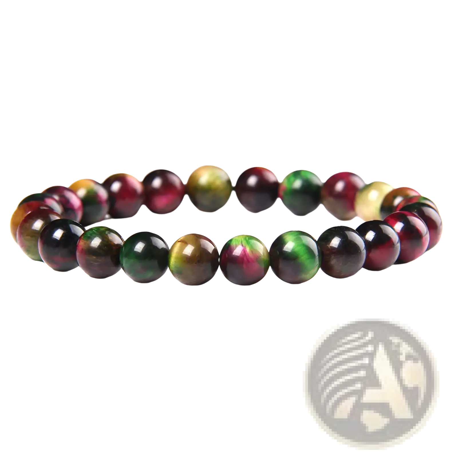 Men’s 8mm natural tiger eye and gemstone bead bracelet with a colorful iridescent pattern of red green and gold hues