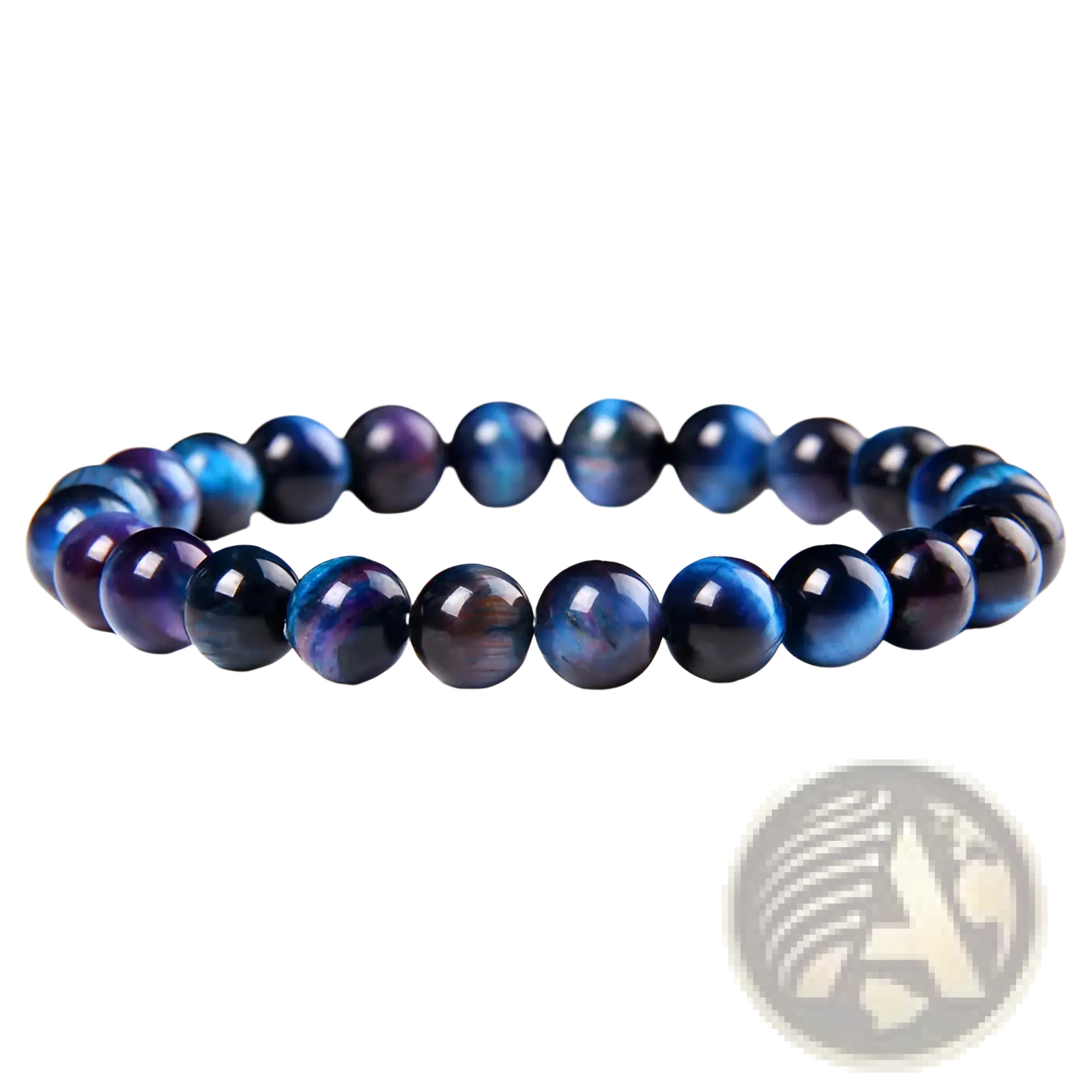 Men’s 8mm natural tiger eye and gemstone bead bracelet with polished deep blue and purple iridescent beads