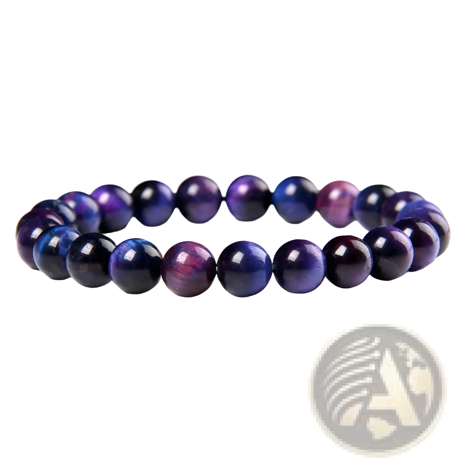 Men’s 8mm natural tiger eye and gemstone bead bracelet with polished blue and purple iridescent beads
