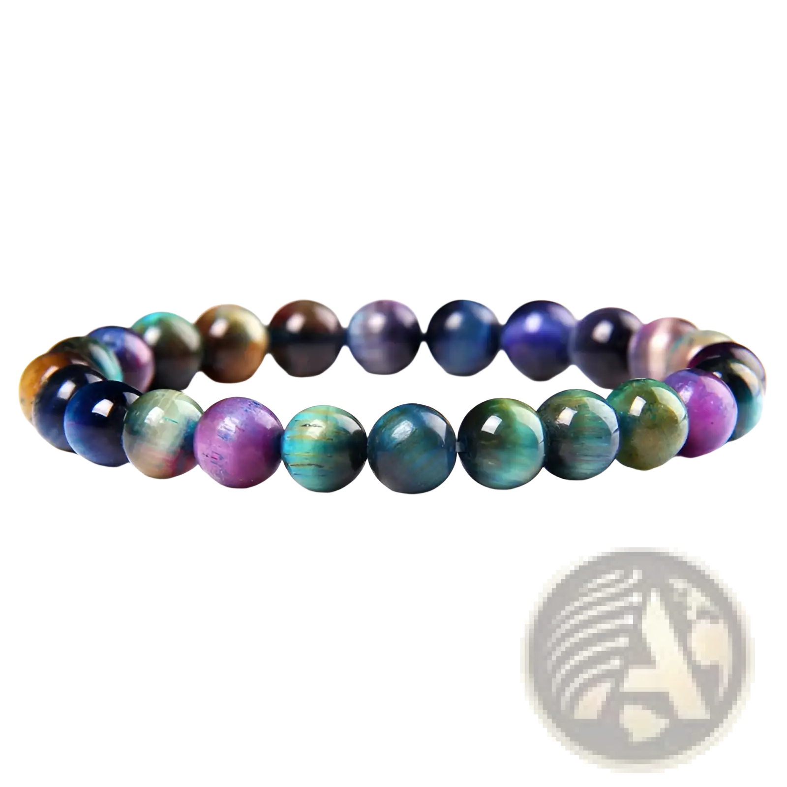 Men’s 8mm natural tiger eye and gemstone bead bracelet with colorful iridescent smooth round stones in blue purple green and gold