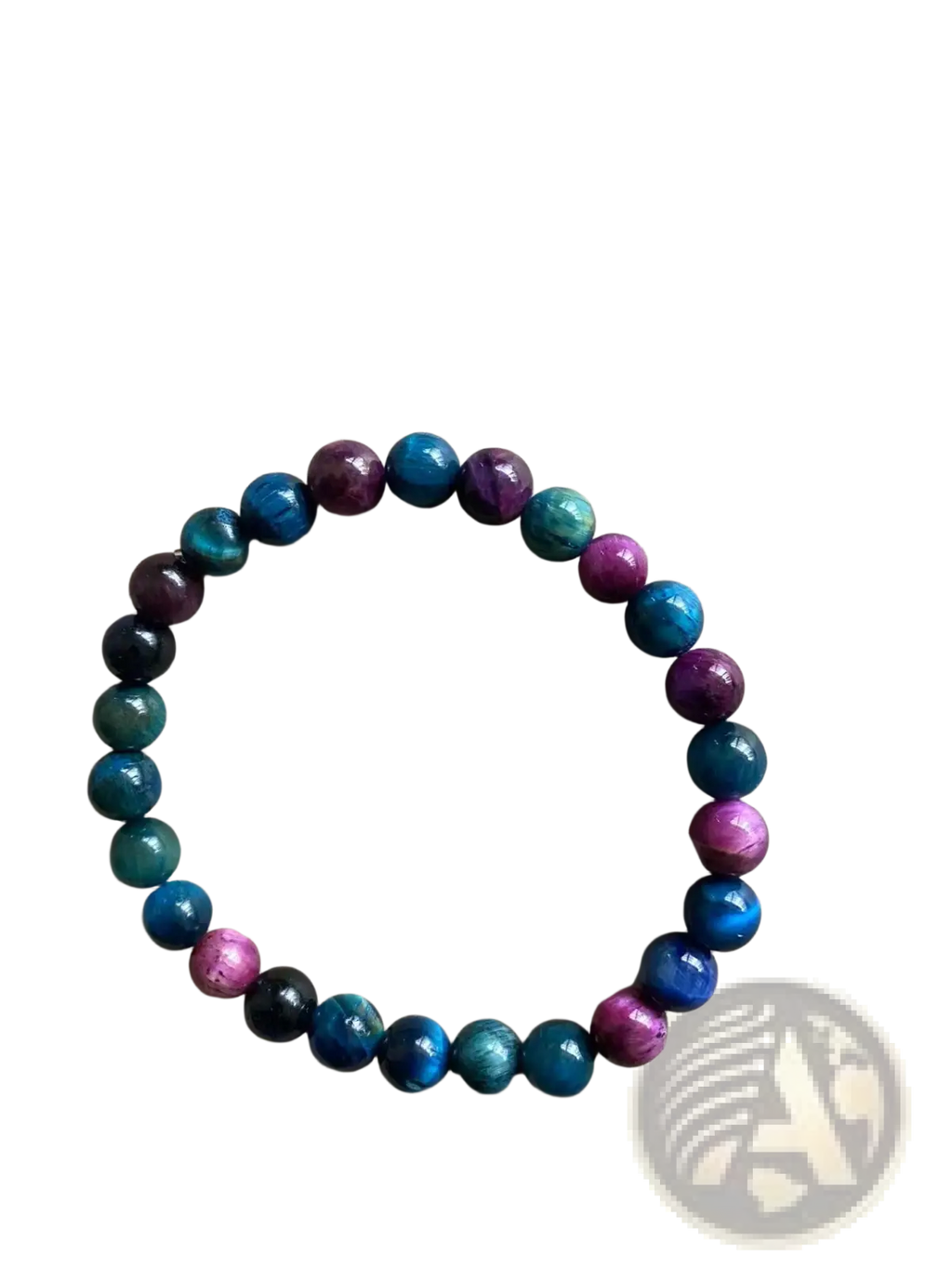 Men’s 8mm natural tiger eye and gemstone bead bracelet with colorful polished stones in blue purple and teal shades