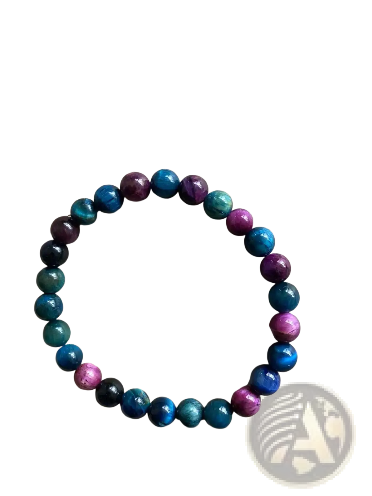 Men’s 8mm natural tiger eye and gemstone bead bracelet with colorful polished stones in blue purple and teal shades