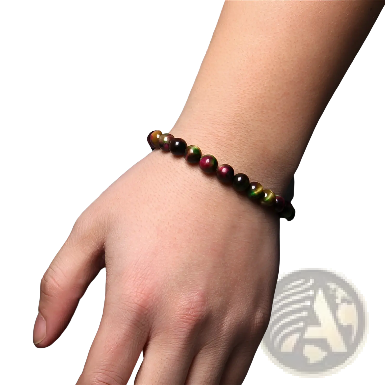 Men’s 8mm natural tiger eye and gemstone bead bracelet with polished colorful beads in shades of brown green and gold