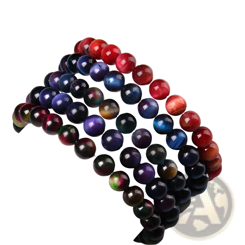 Men’s 8mm natural tiger eye and gemstone bead bracelets in red blue purple and green polished swirling patterns