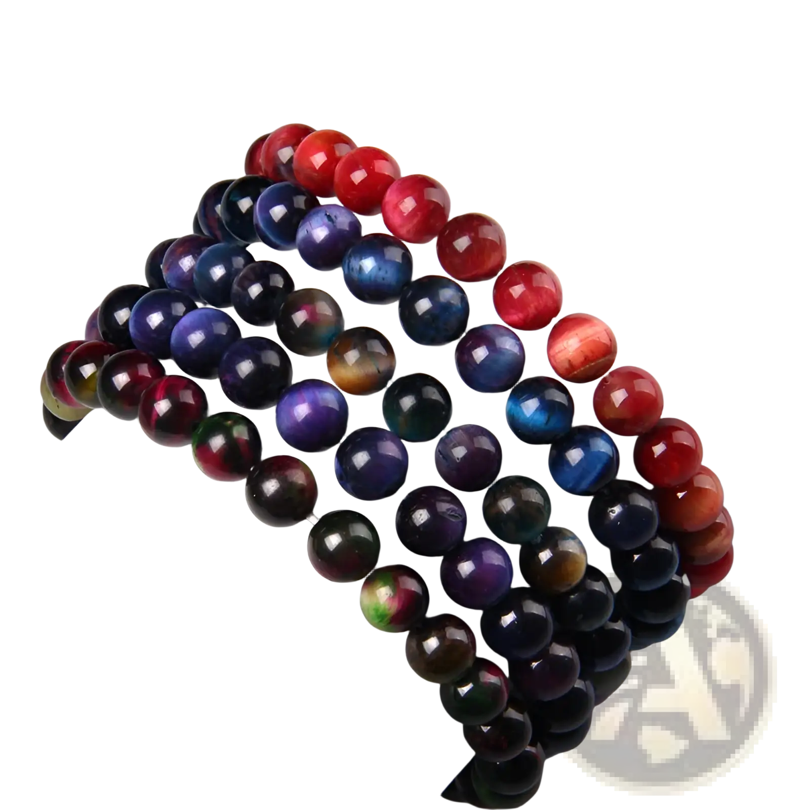 Men’s 8mm natural tiger eye and gemstone bead bracelets in red blue purple and green polished swirling patterns