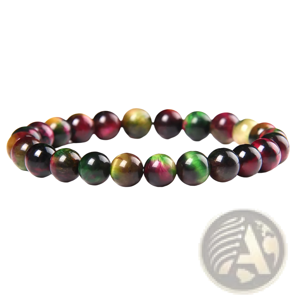 Men’s 8mm natural tiger eye and gemstone bead bracelet with glossy round beads in green red yellow and black swirling patterns