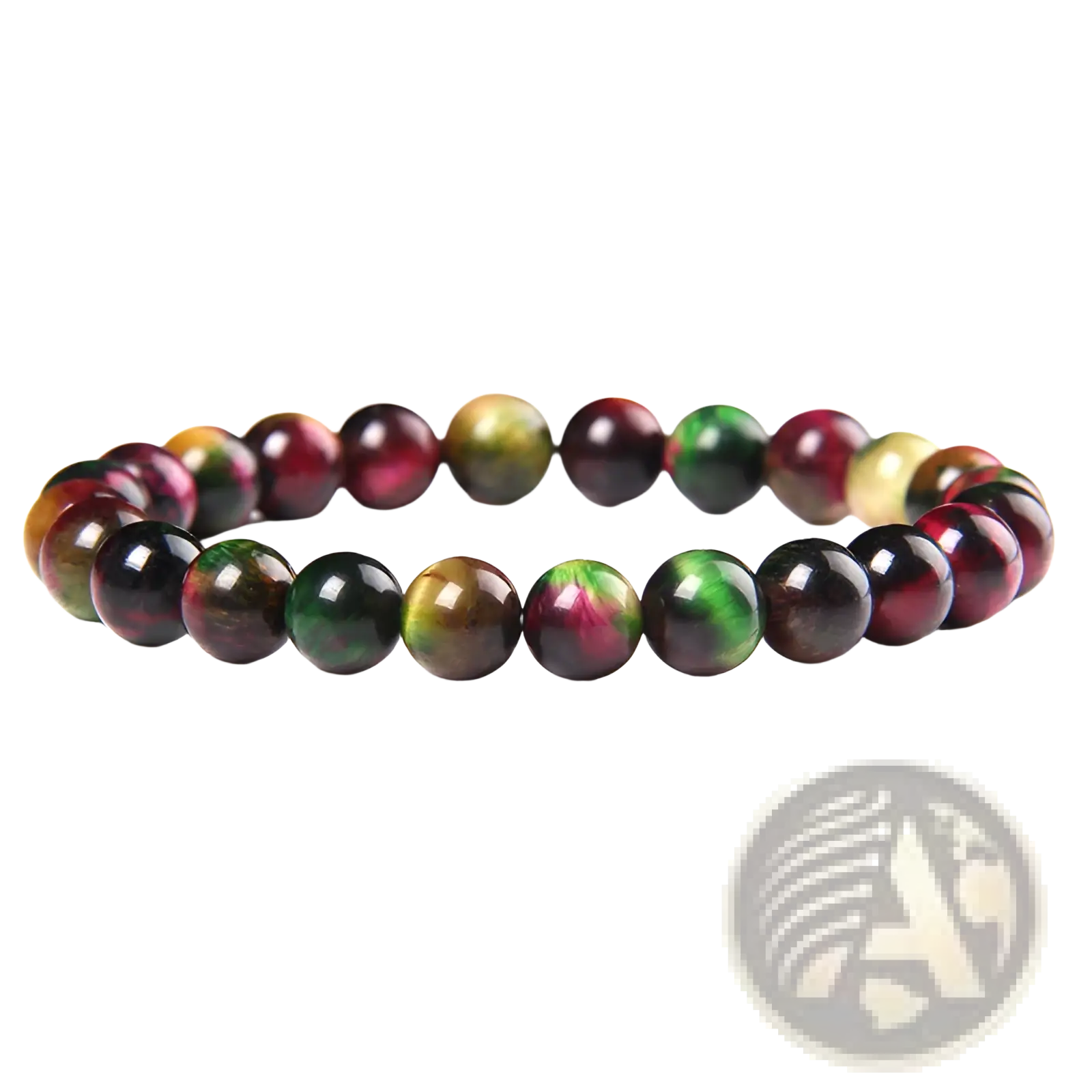 Men’s 8mm natural tiger eye and gemstone bead bracelet with glossy round beads in green red yellow and black swirling patterns