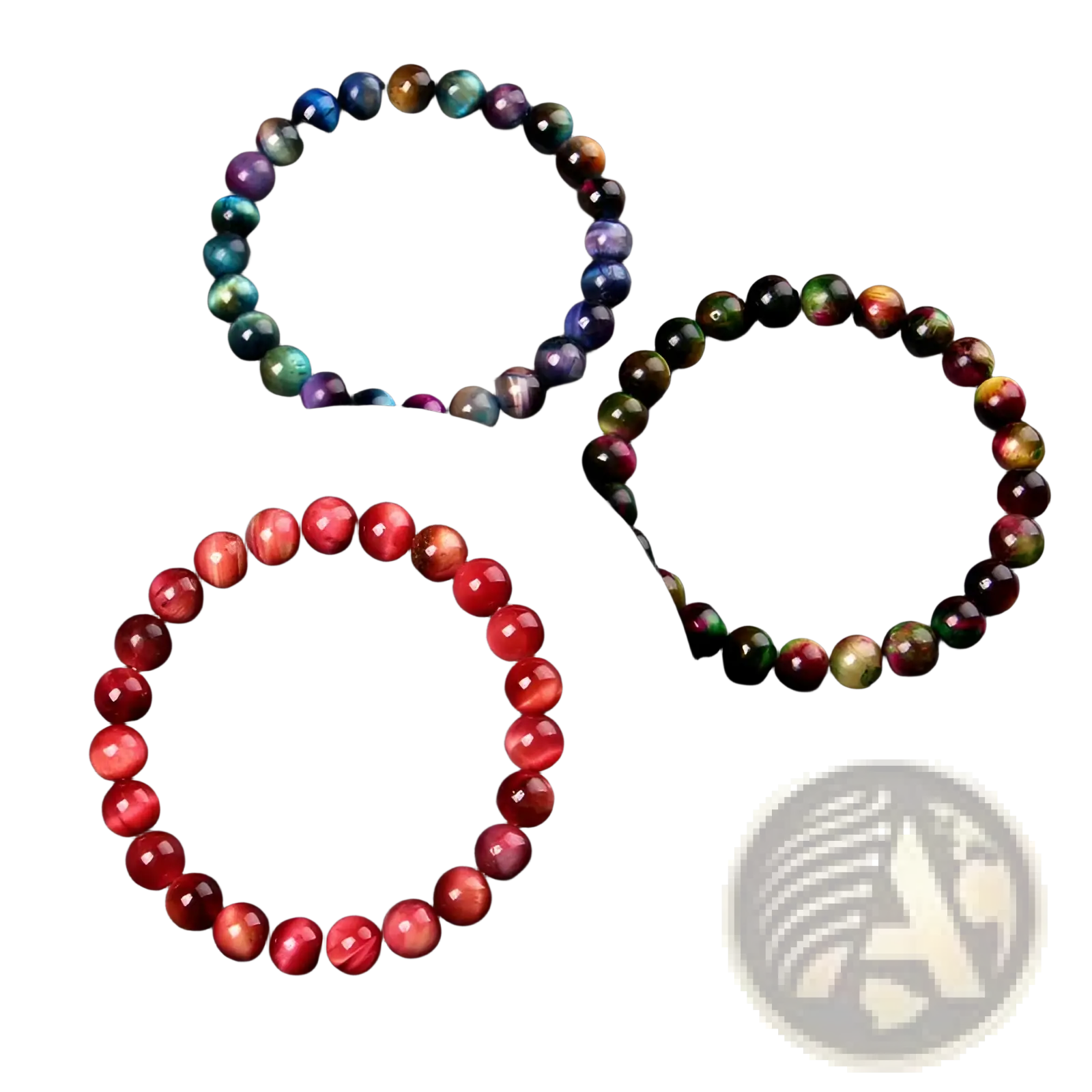 Men’s 8mm natural red tiger eye and gemstone bead bracelet with vibrant polished faceted stones in a circular pattern
