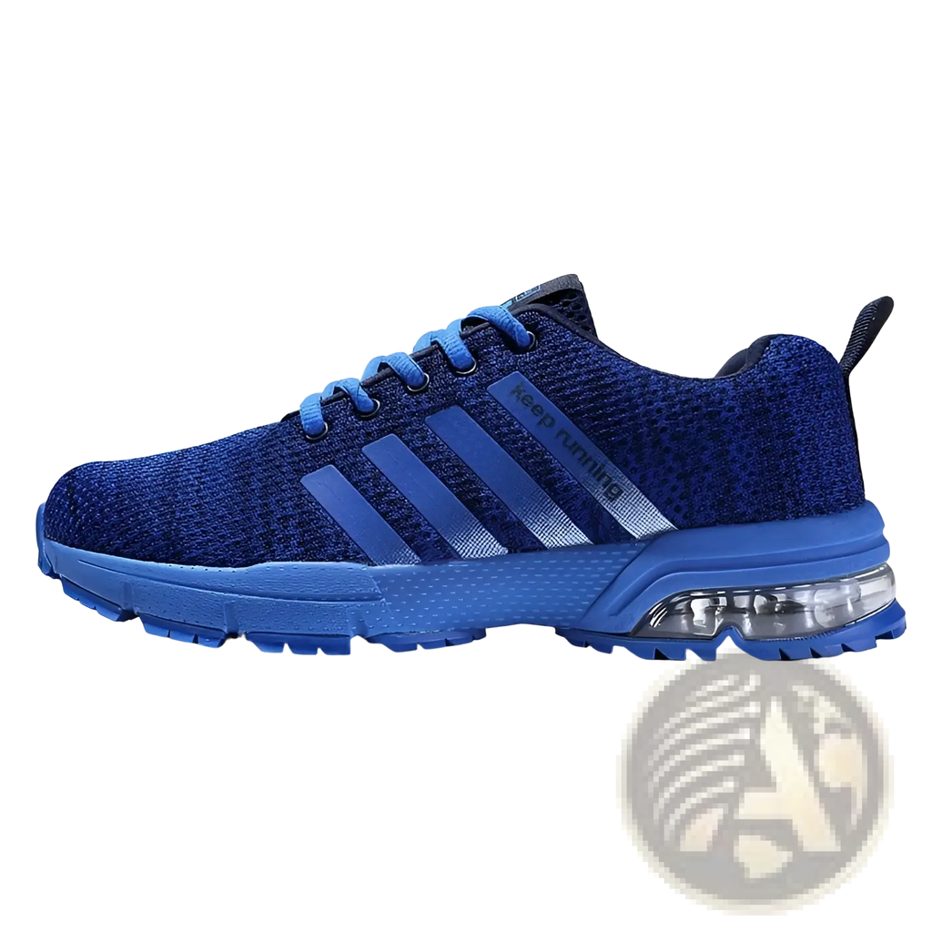 Men’s blue knit running sneakers with three stripes and visible air cushion in sole designed for large size feet