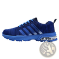 Men’s blue knit running sneakers with three stripes and visible air cushion in sole designed for large size feet