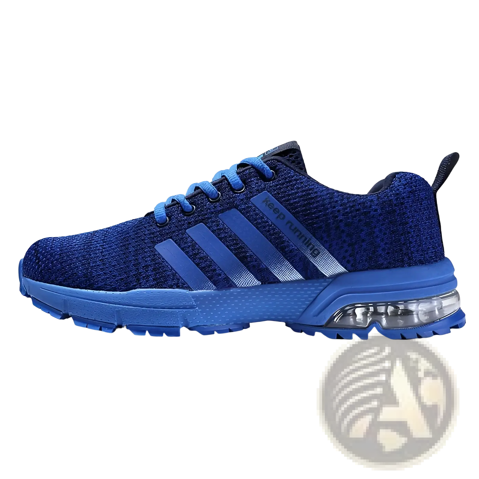 Men’s blue knit running sneakers with three stripes and visible air cushion in sole designed for large size feet