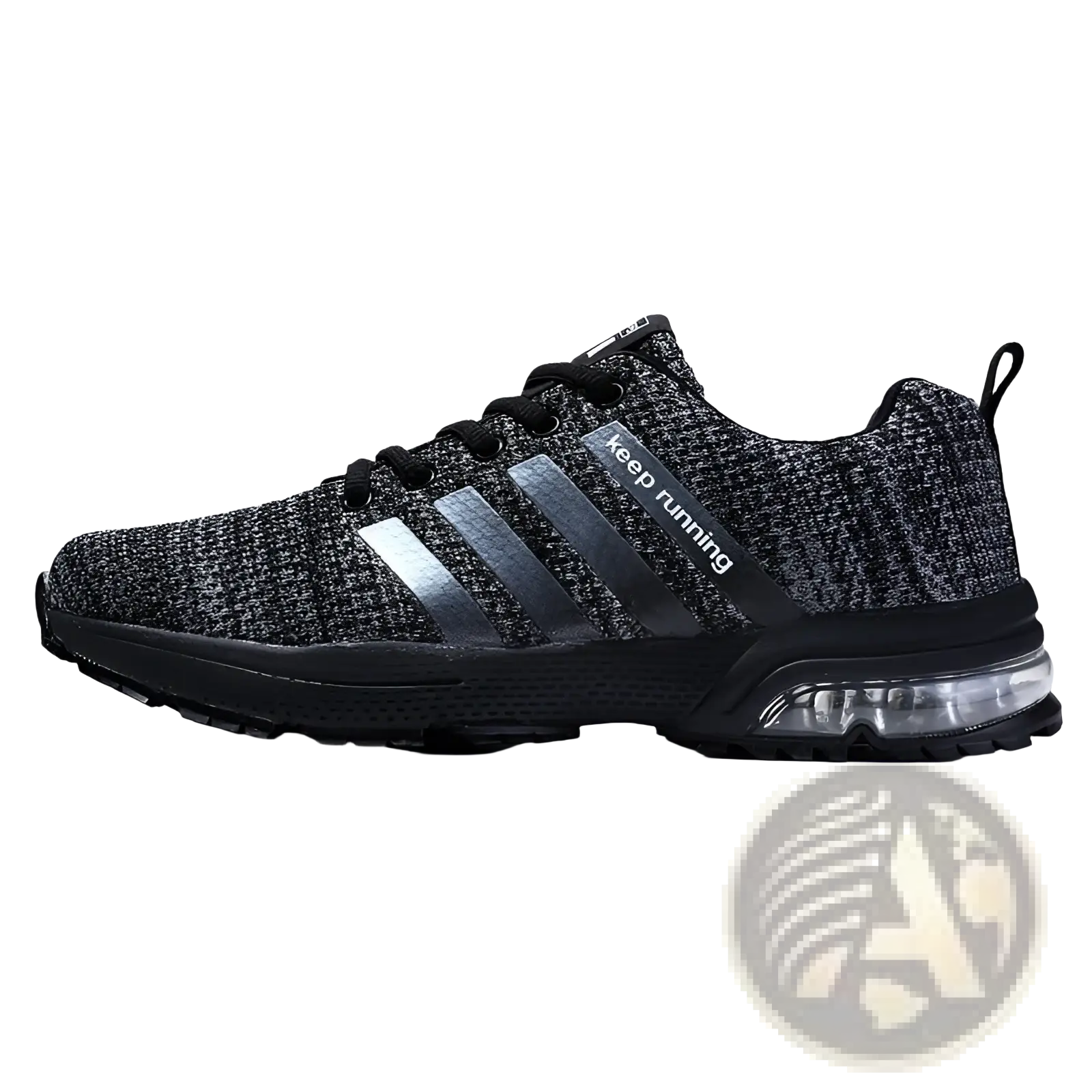 Men’s air cushion knit running sneakers large size in black and gray with silver stripes and transparent sole
