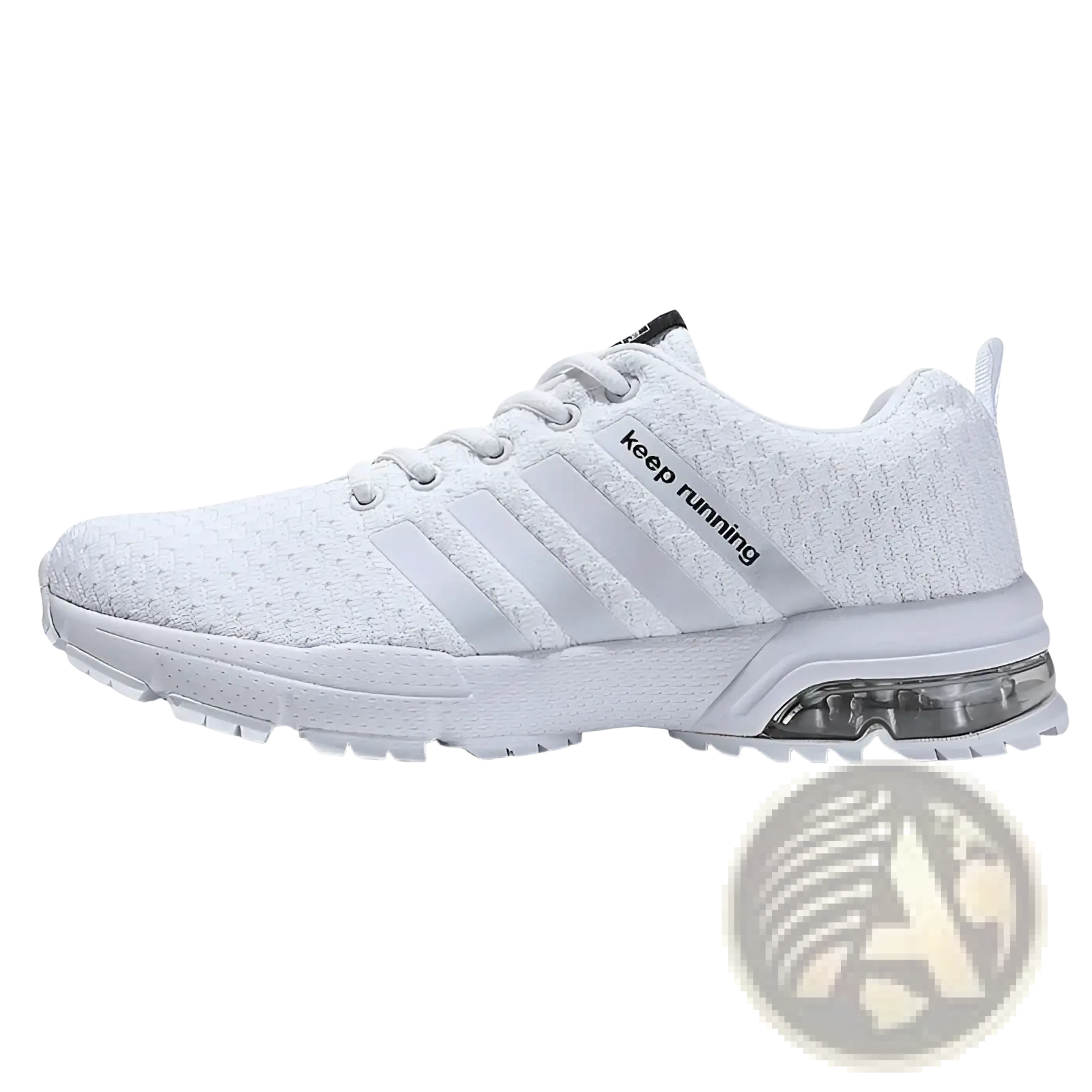 Men’s large size white knit running sneaker with three silver stripes and transparent air cushion in sole