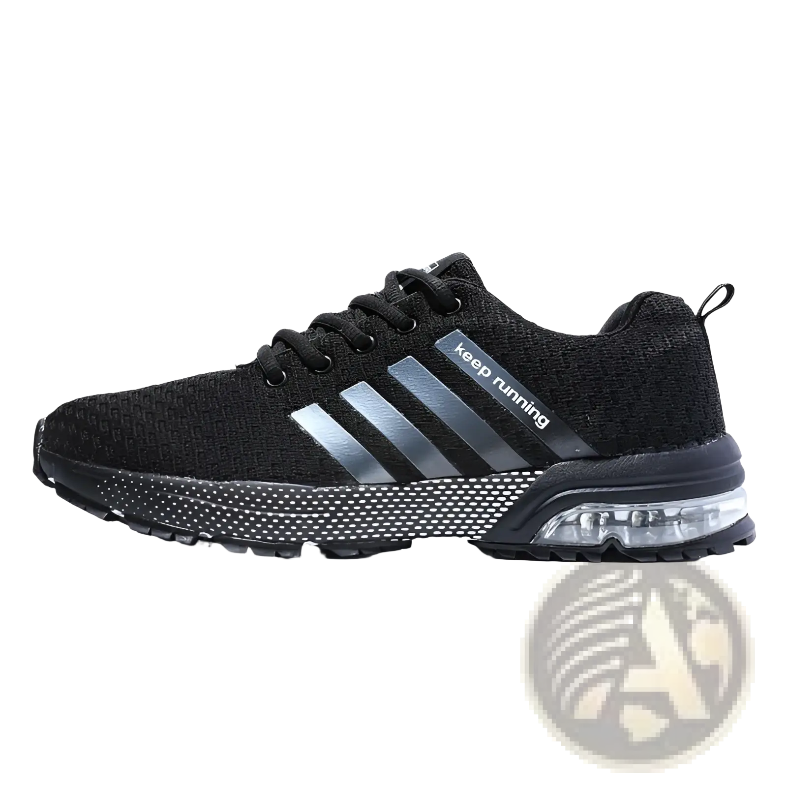 Men’s black knit running sneaker with silver stripes and transparent air cushion sole in large size