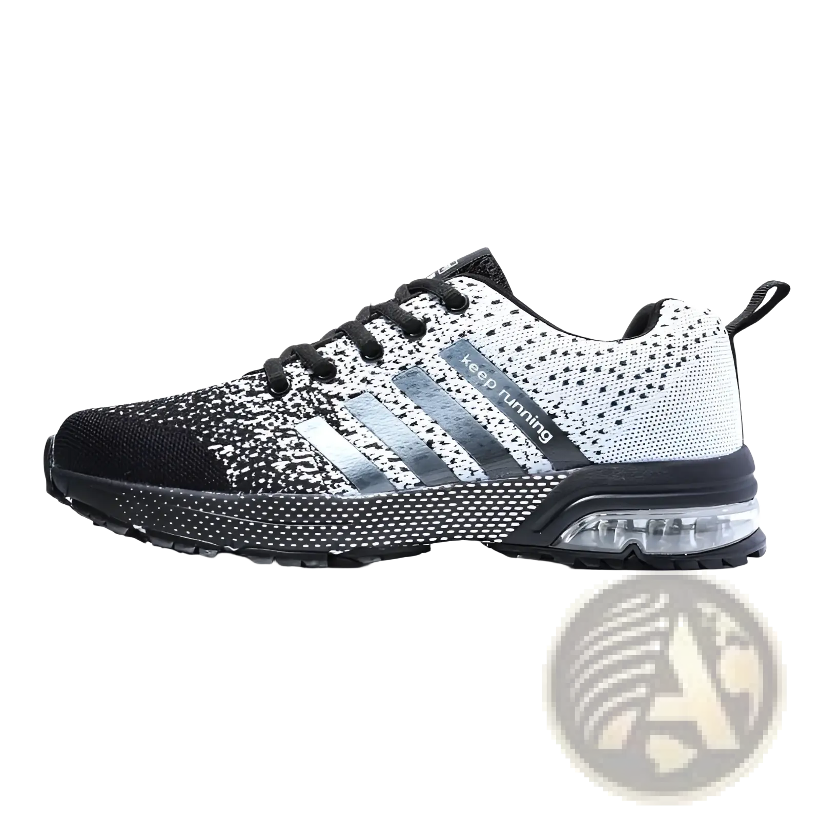 Men’s air cushion knit running sneaker in black and white with silver stripes and transparent sole cushion features keep running text