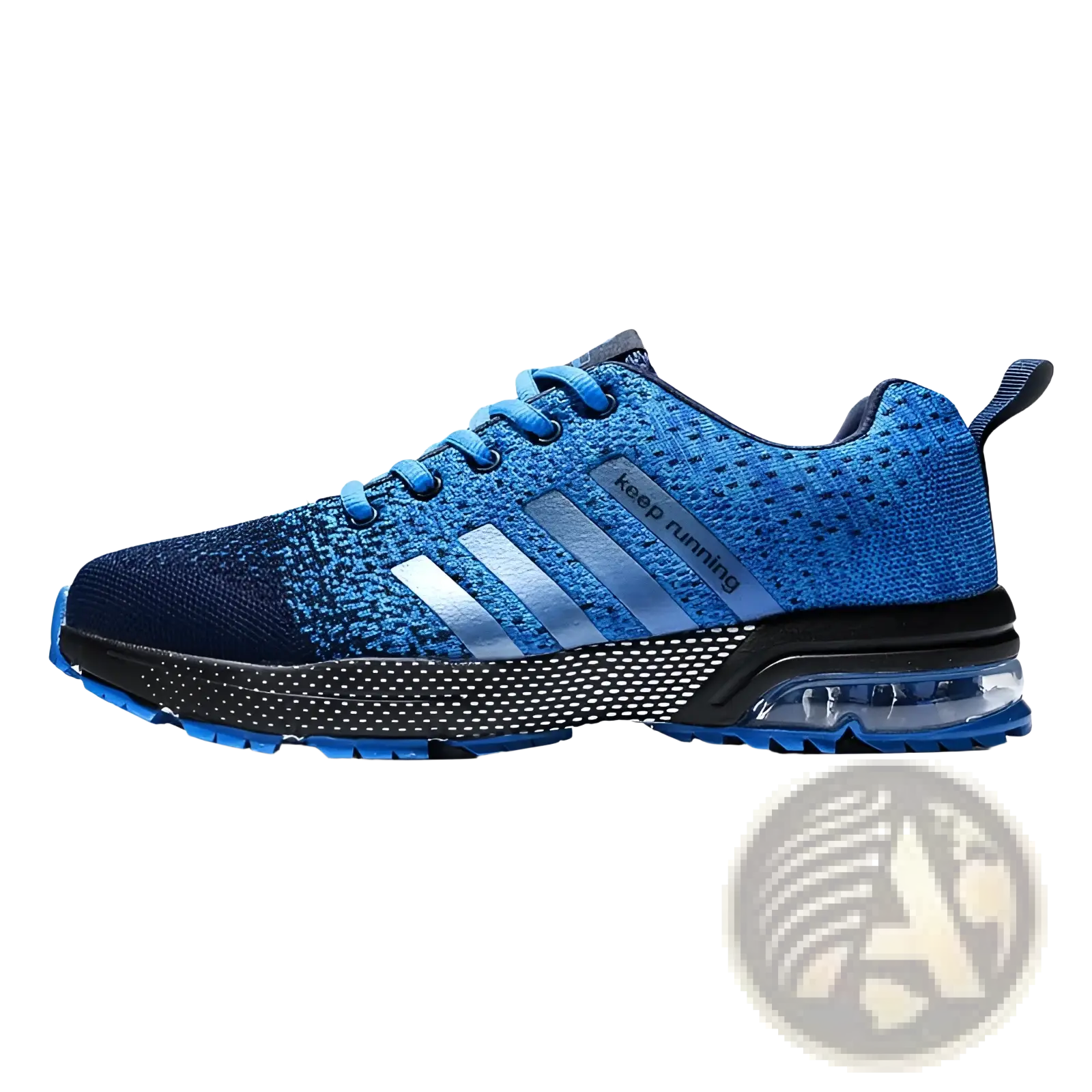 Men’s air cushion knit running sneaker in blue with silver stripes and a transparent air cushion sole
