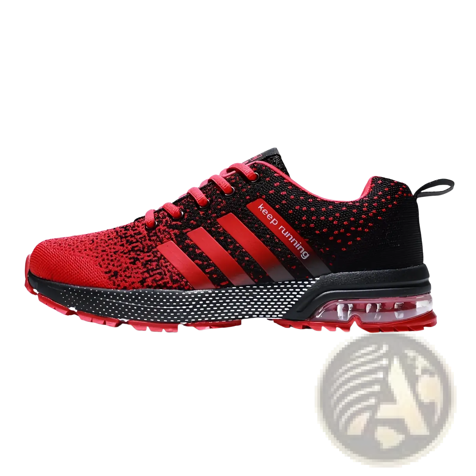 Men’s air cushion knit running sneaker in red and black with three red stripes and transparent sole cushion
