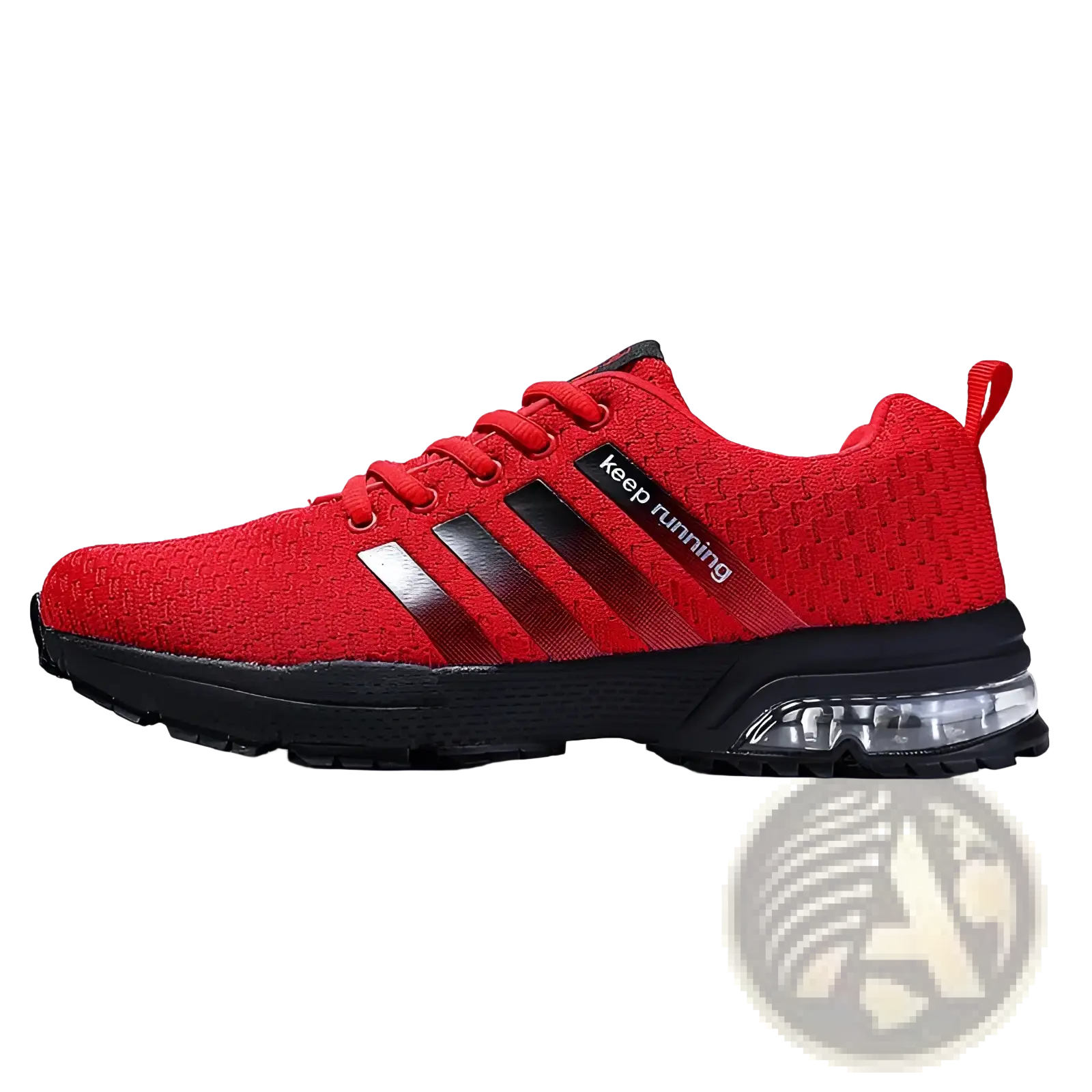 Men’s air cushion knit running sneaker in red with black stripes and transparent air cushion sole features breathable material