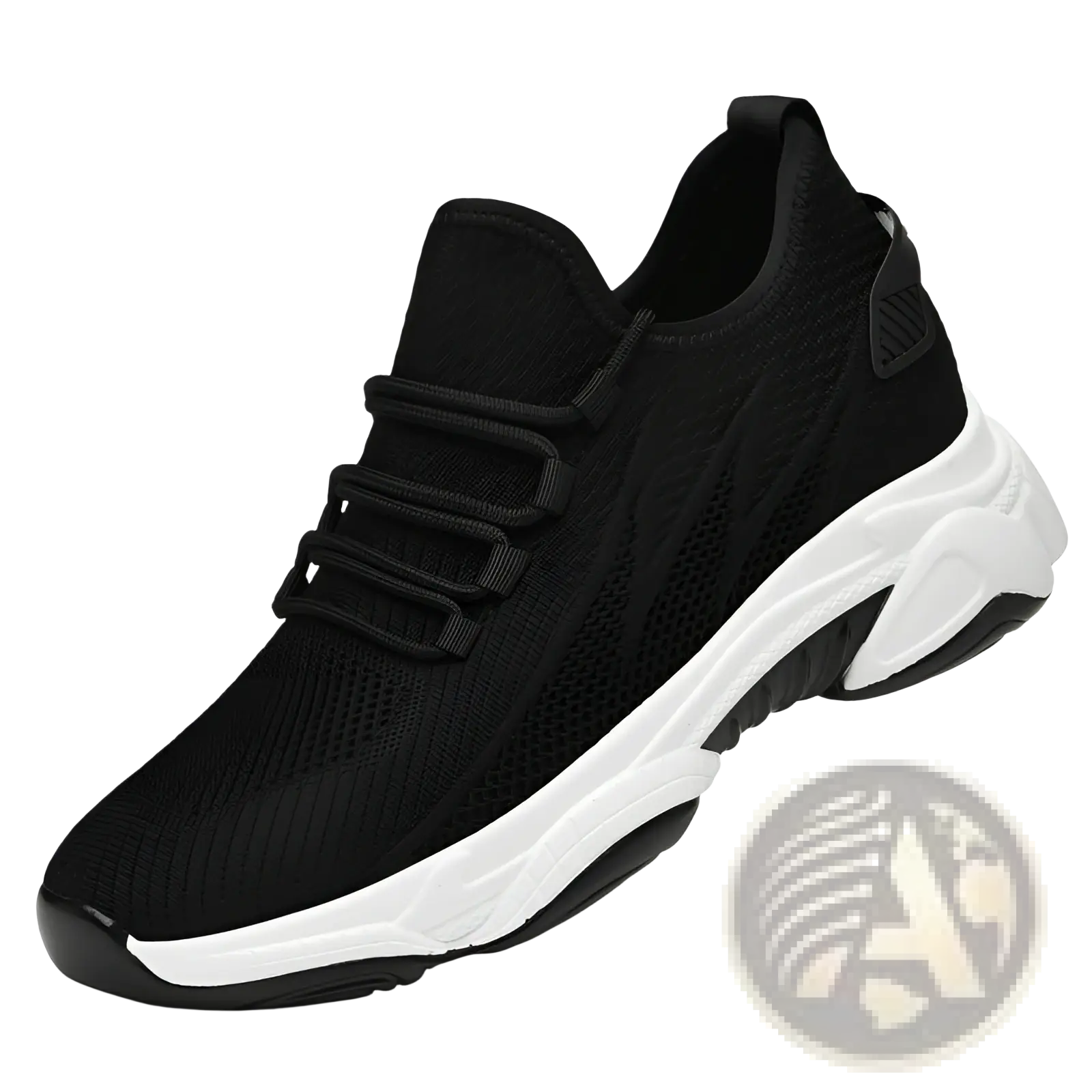 Men’s air cushion running shoes black knit sneaker with chunky white midsole and black laces for mesh comfort
