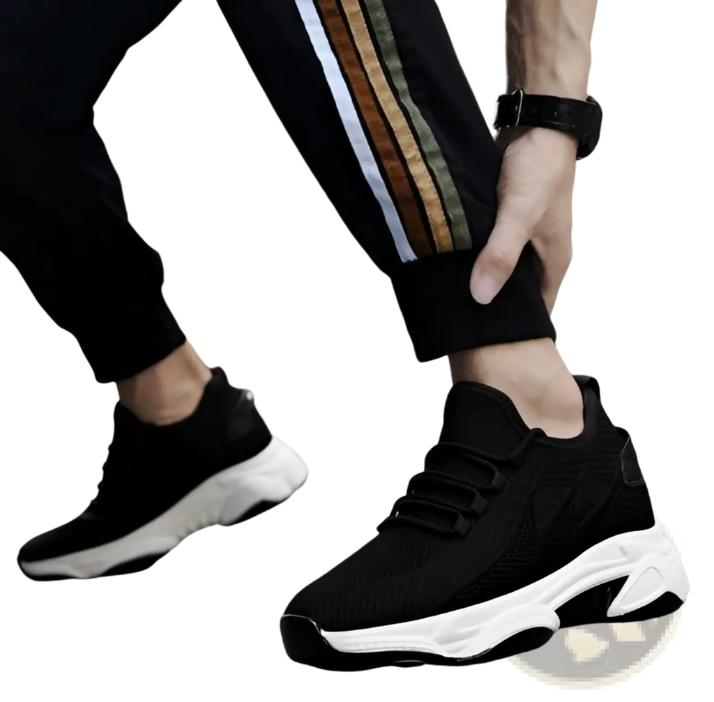 Men’s air cushion running shoes black mesh sneakers with thick white rubber sole and black laces